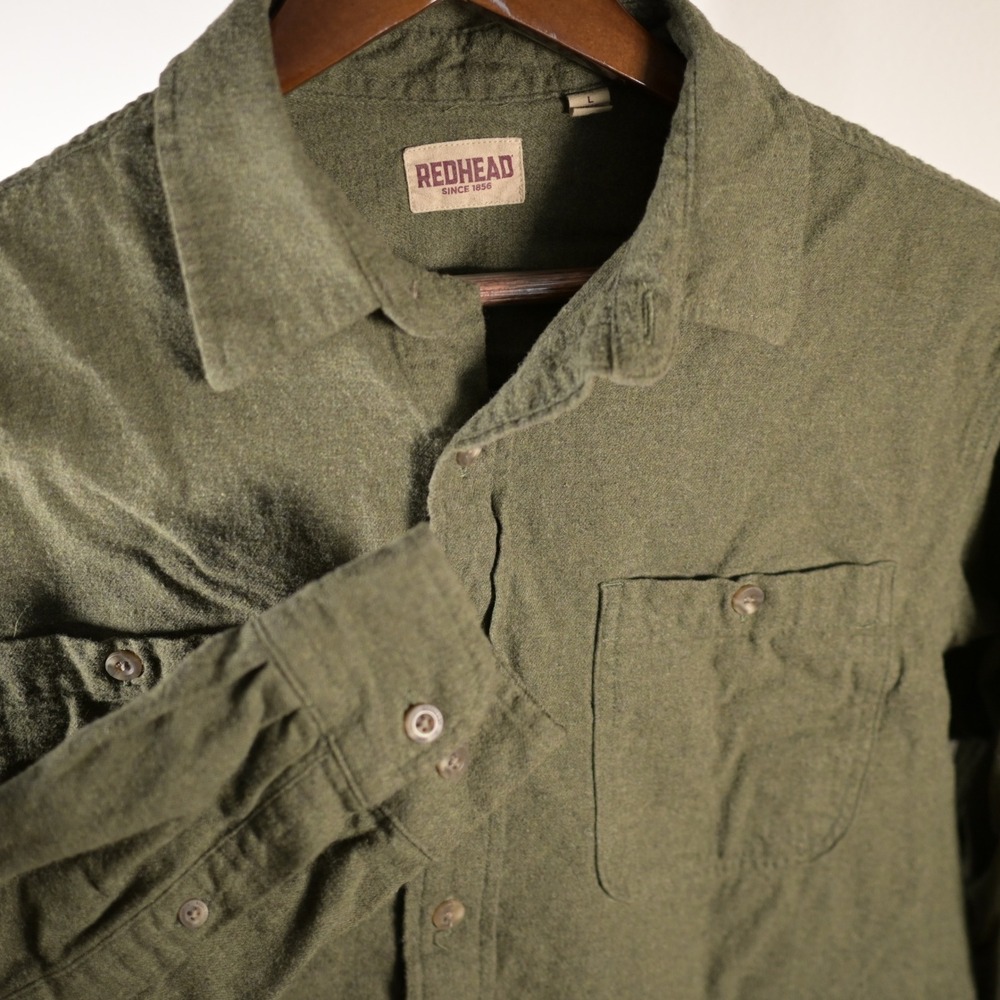 Redhead Mens Olive Green Flannel Button Down‎ Shirt Cotton Long Sleeve Large